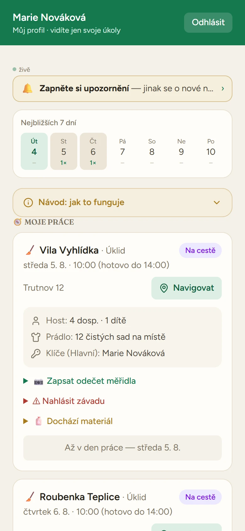 Moje práce v telefonu: přehled nejbližších sedmi dnů a dnešní úklid (ukázková data)
