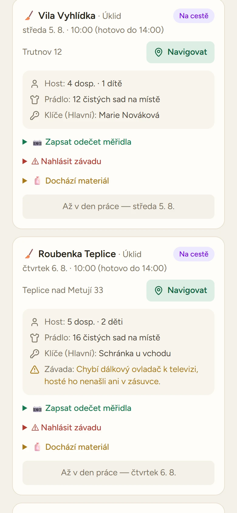 Detail úklidu: adresa s navigací, počet hostů, čisté prádlo na místě a kde jsou klíče (ukázková data)