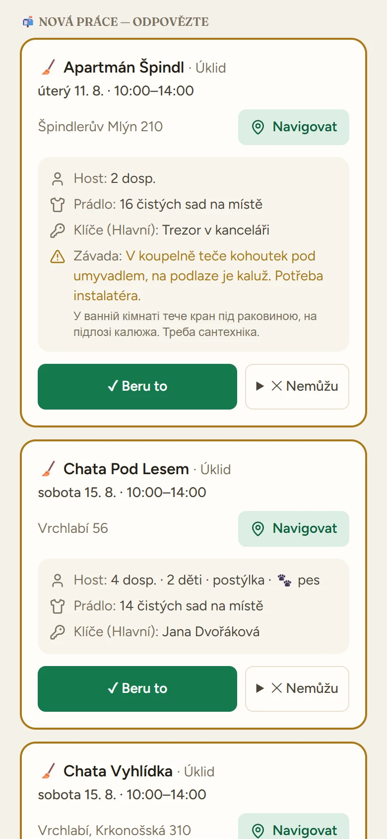 Nabídka práce s termínem, adresou a tlačítky Beru to a Nemůžu (ukázková data)