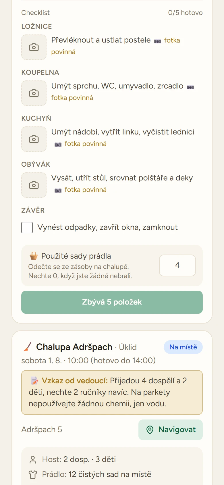 Checklist úklidu po místnostech s povinnými fotkami a počtem použitých sad prádla (ukázková data)