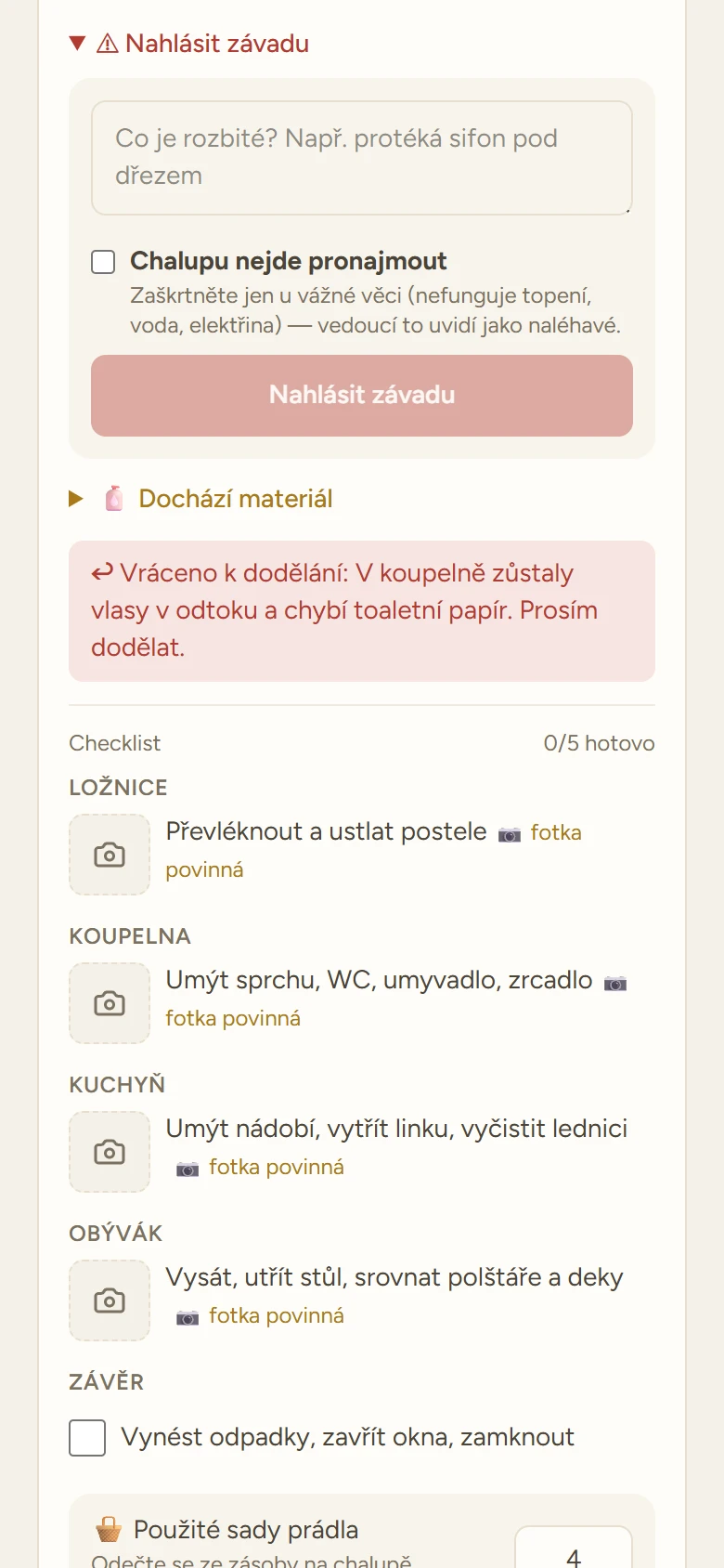 Formulář hlášení závady s možností označit ji za blokující pronájem (ukázková data)