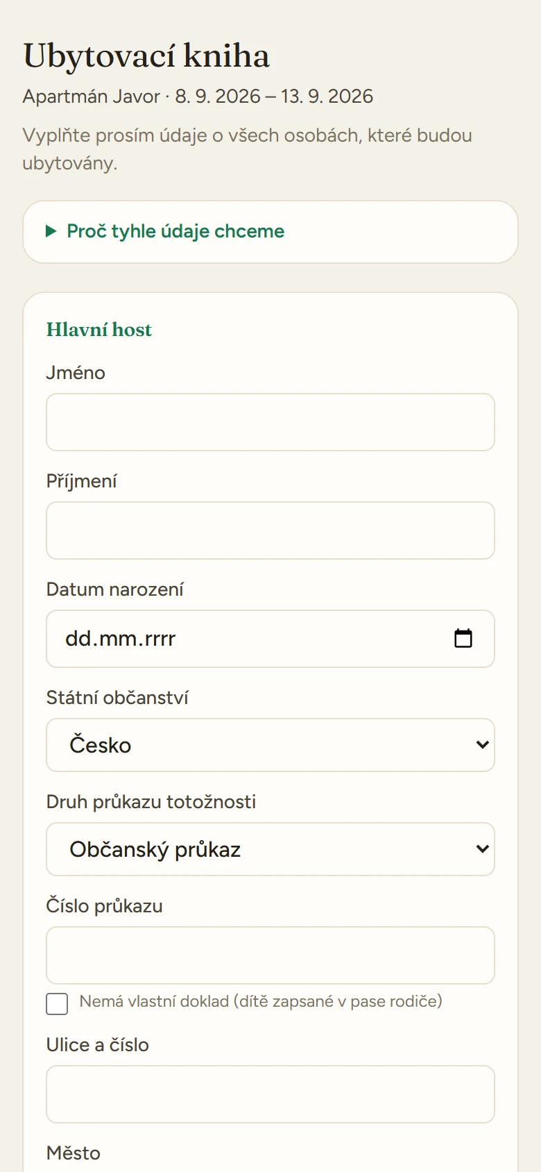 Veřejný formulář ubytovací knihy, který host vyplní na svém telefonu: doklad, občanství a poplatek z pobytu (ukázková data)