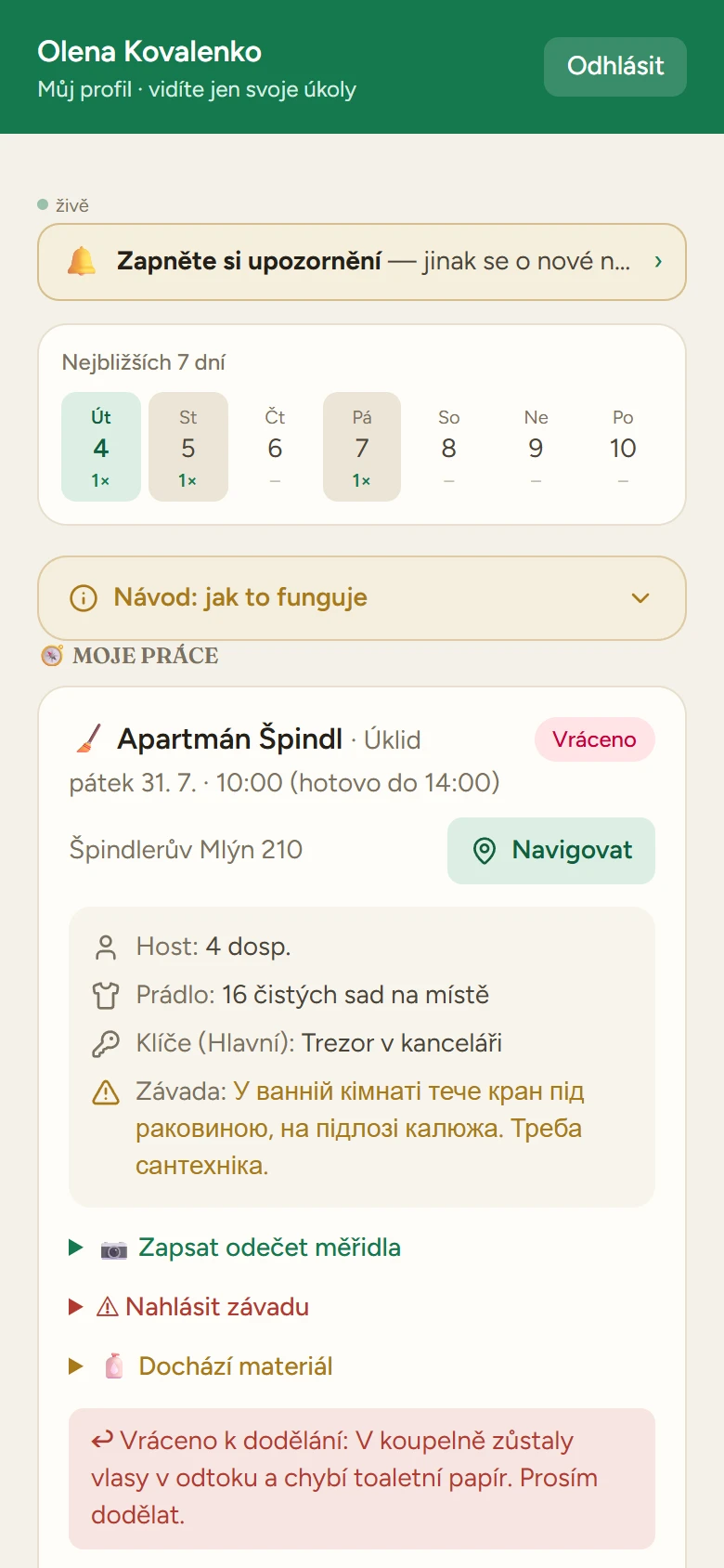 Zprávy mezi uklízečkou a vedoucí u konkrétního úkolu (ukázková data)